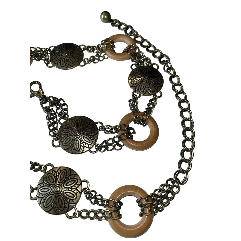 Engraved Gold Antique Brass Disc Wood Ring BOHO Hippie Festival Chain Belt 35